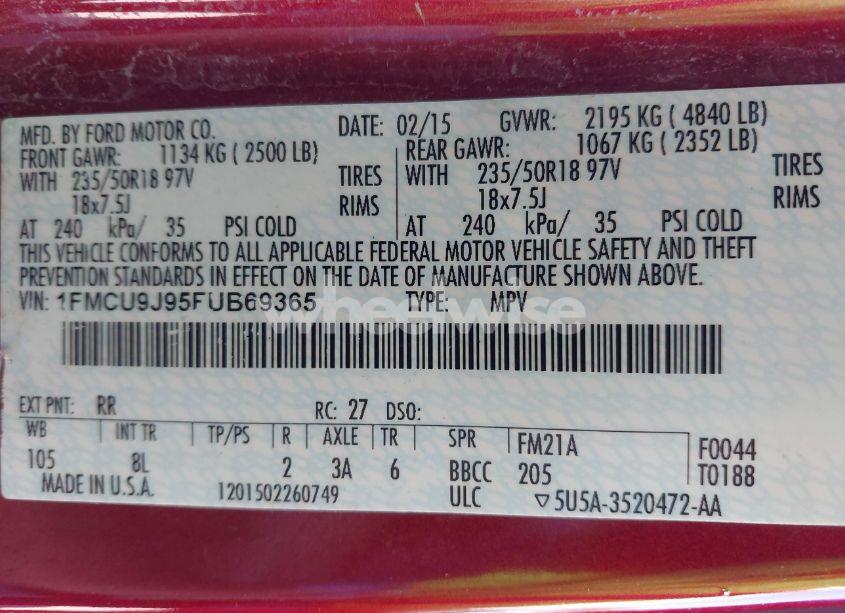 Photo 9 of 2015 Ford Escape TITANIUM (VIN 1FMCU9J95FUB69365)