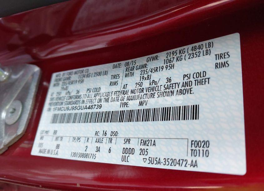 Photo 9 of 2016 Ford Escape TITANIUM (VIN 1FMCU9J95GUA48739)