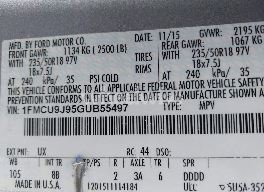 Photo 9 of 2016 Ford Escape TITANIUM (VIN 1FMCU9J95GUB55497)