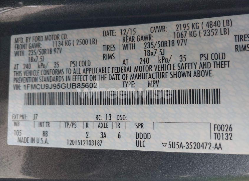 Photo 9 of 2016 Ford Escape TITANIUM (VIN 1FMCU9J95GUB85602)