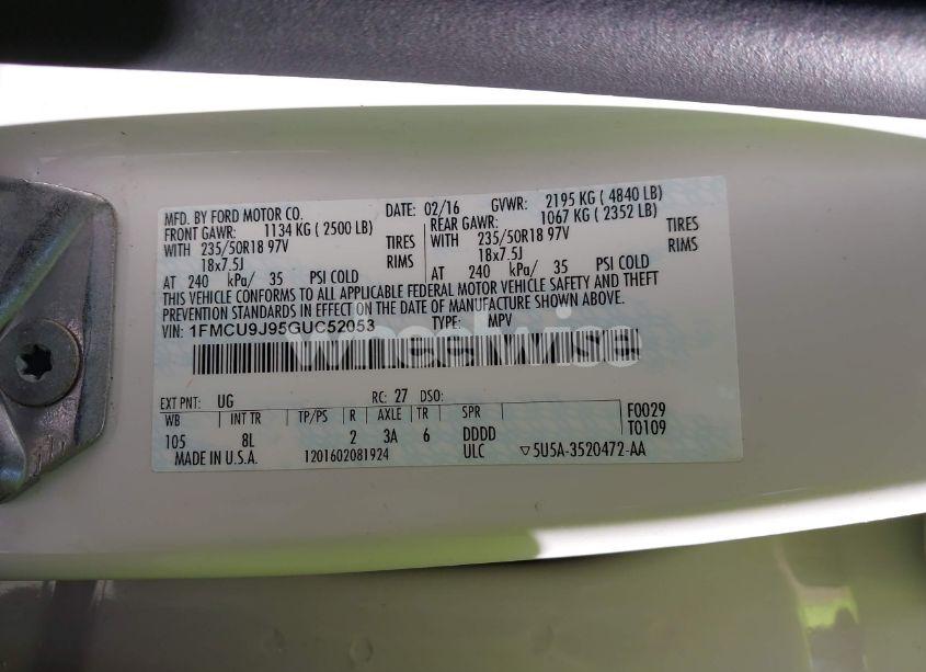 Photo 9 of 2016 Ford Escape TITANIUM (VIN 1FMCU9J95GUC52053)