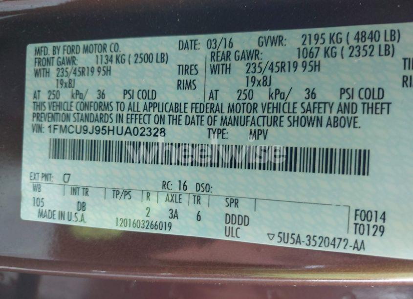 Photo 9 of 2017 Ford Escape TITANIUM (VIN 1FMCU9J95HUA02328)