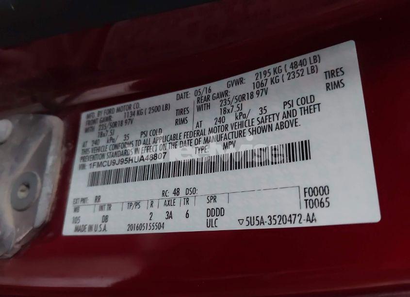 Photo 9 of 2017 Ford Escape TITANIUM (VIN 1FMCU9J95HUA48807)