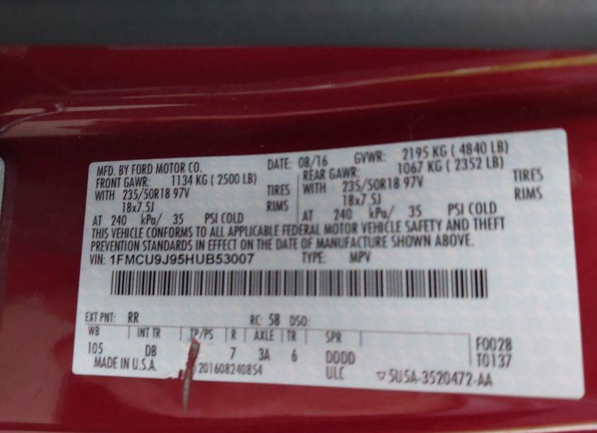 Photo 9 of 2017 Ford Escape TITANIUM (VIN 1FMCU9J95HUB53007)