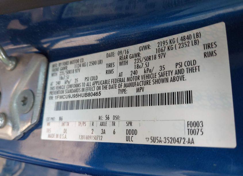 Photo 9 of 2017 Ford Escape TITANIUM (VIN 1FMCU9J95HUB80465)