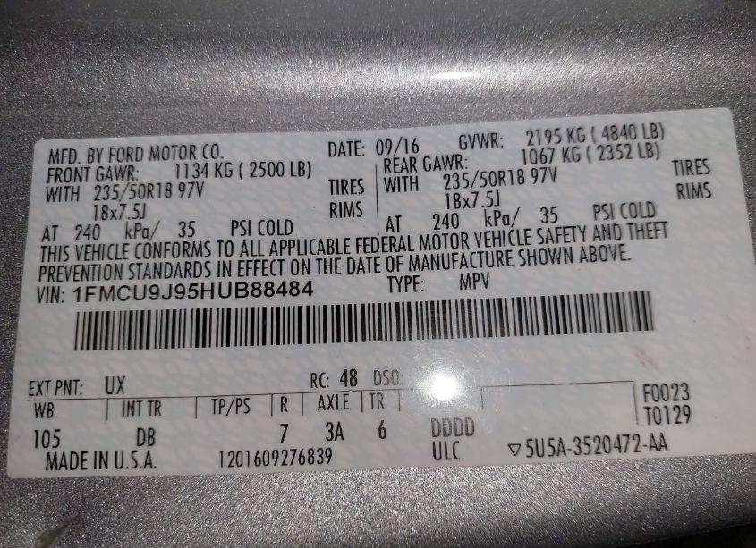 Photo 9 of 2017 Ford Escape TITANIUM (VIN 1FMCU9J95HUB88484)