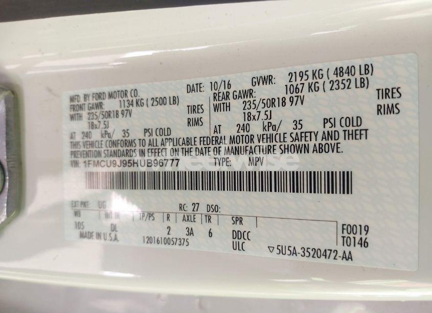 Photo 9 of 2017 Ford Escape TITANIUM (VIN 1FMCU9J95HUB96777)