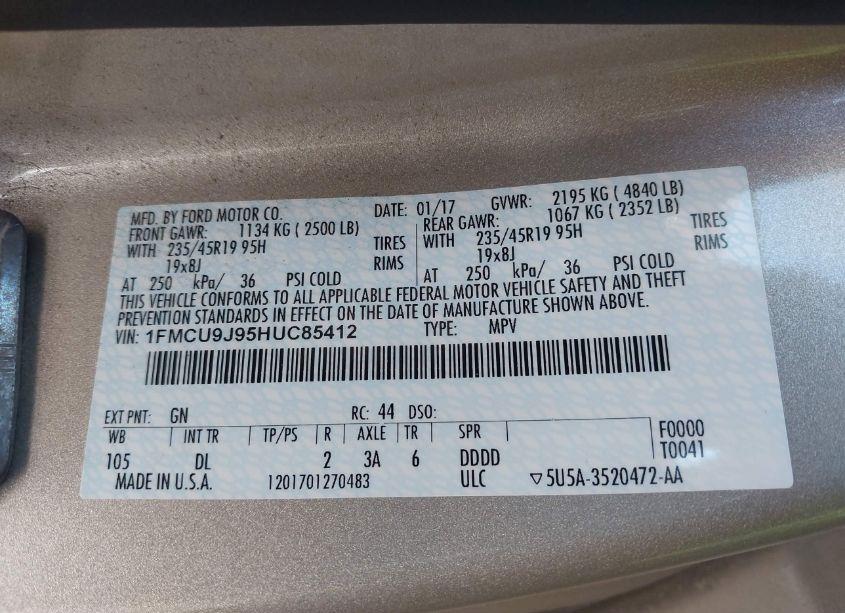 Photo 9 of 2017 Ford Escape TITANIUM (VIN 1FMCU9J95HUC85412)