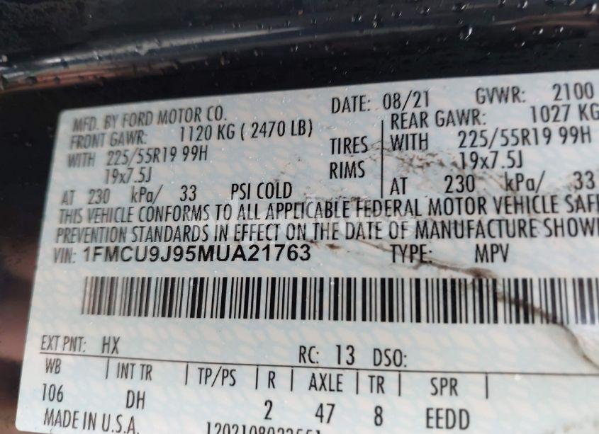 Photo 9 of 2021 Ford Escape TITANIUM (VIN 1FMCU9J95MUA21763)