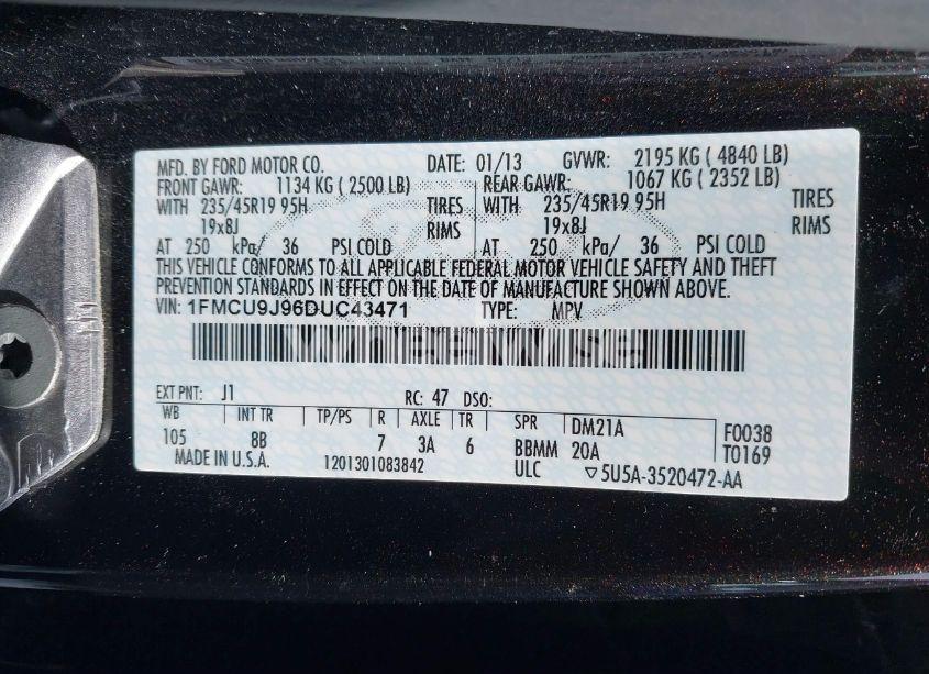 Photo 9 of 2013 Ford Escape TITANIUM (VIN 1FMCU9J96DUC43471)