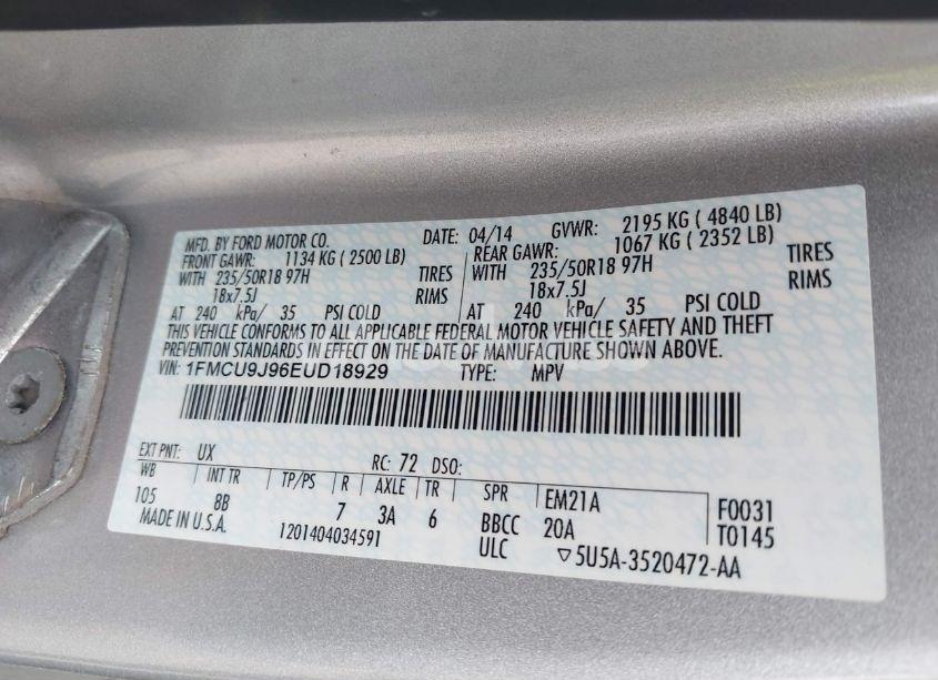 Photo 9 of 2014 Ford Escape TITANIUM (VIN 1FMCU9J96EUD18929)