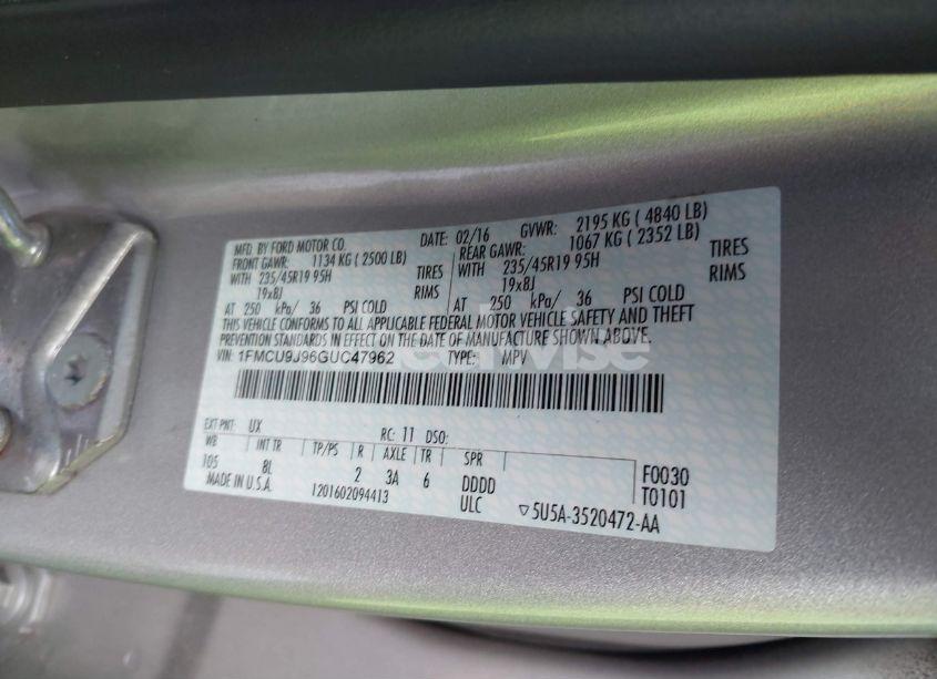 Photo 9 of 2016 Ford Escape TITANIUM (VIN 1FMCU9J96GUC47962)