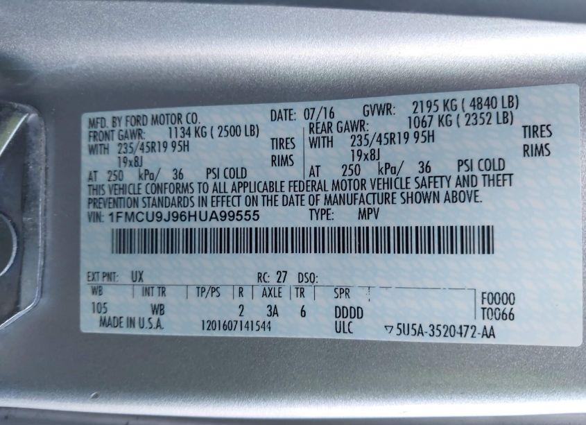 Photo 9 of 2017 Ford Escape TITANIUM (VIN 1FMCU9J96HUA99555)