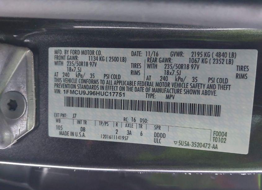 Photo 9 of 2017 Ford Escape TITANIUM (VIN 1FMCU9J96HUC17751)