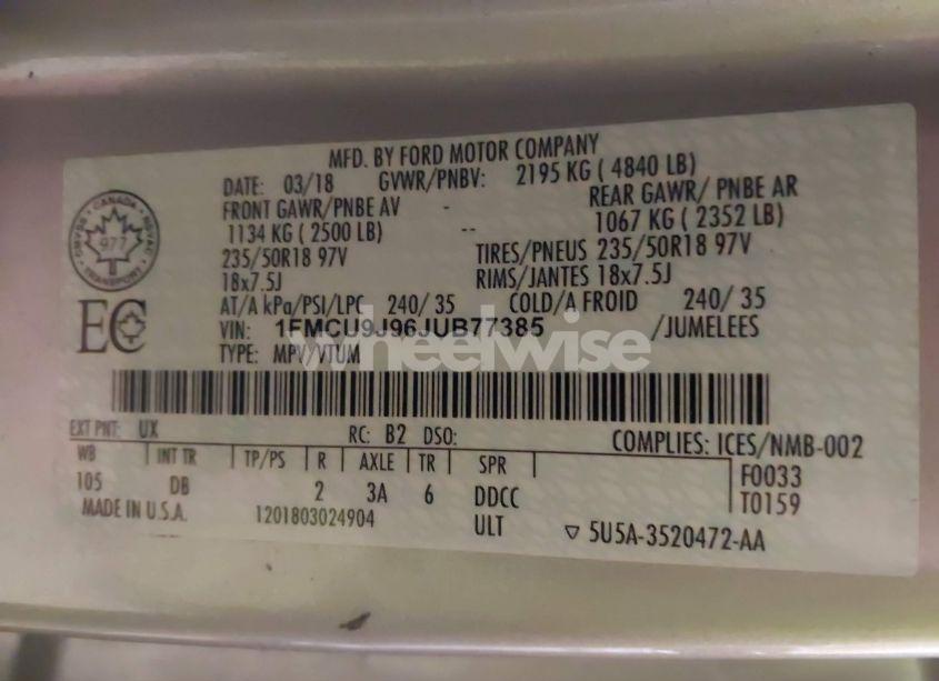 Photo 9 of 2018 Ford Escape TITANIUM (VIN 1FMCU9J96JUB77385)