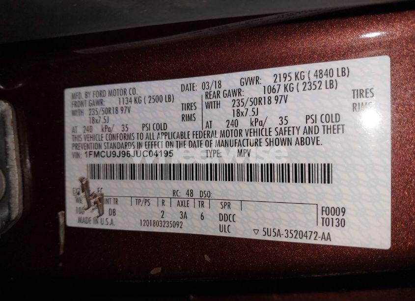 Photo 9 of 2018 Ford Escape TITANIUM (VIN 1FMCU9J96JUC04195)