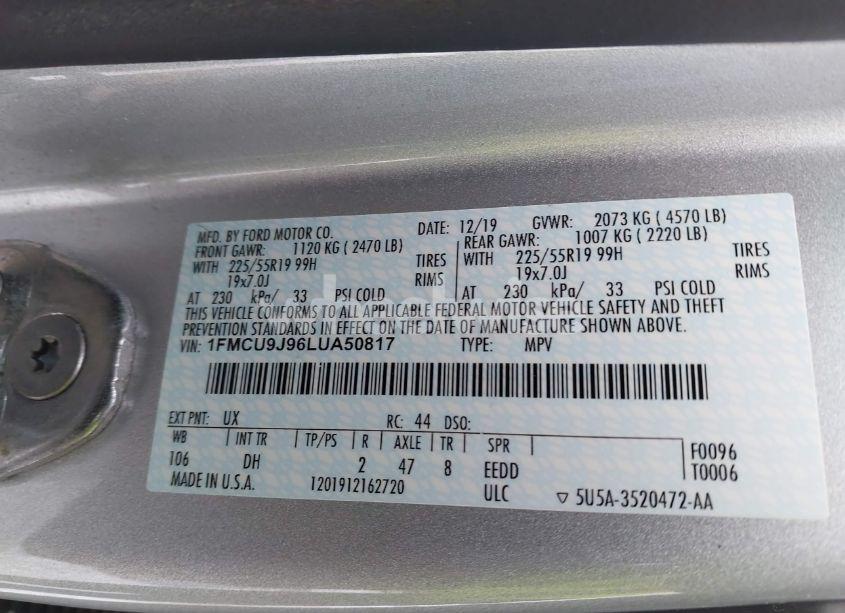 Photo 9 of 2020 Ford Escape TITANIUM (VIN 1FMCU9J96LUA50817)