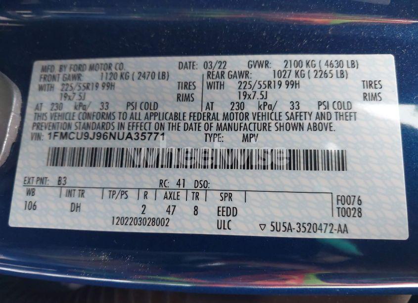 Photo 9 of 2022 Ford Escape TITANIUM (VIN 1FMCU9J96NUA35771)