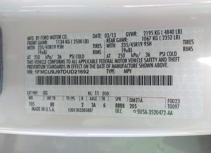 Photo 9 of 2013 Ford Escape TITANIUM (VIN 1FMCU9J97DUD21692)