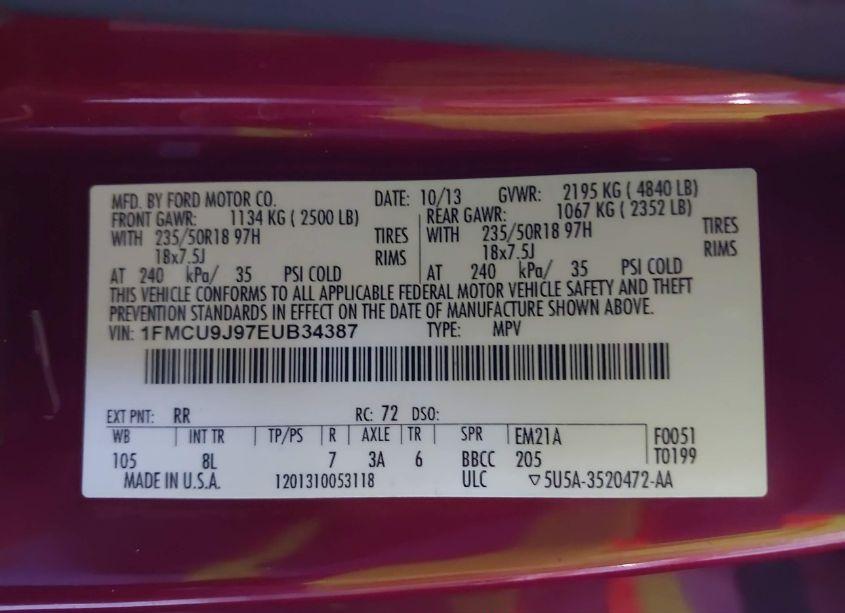 Photo 9 of 2014 Ford Escape TITANIUM (VIN 1FMCU9J97EUB34387)