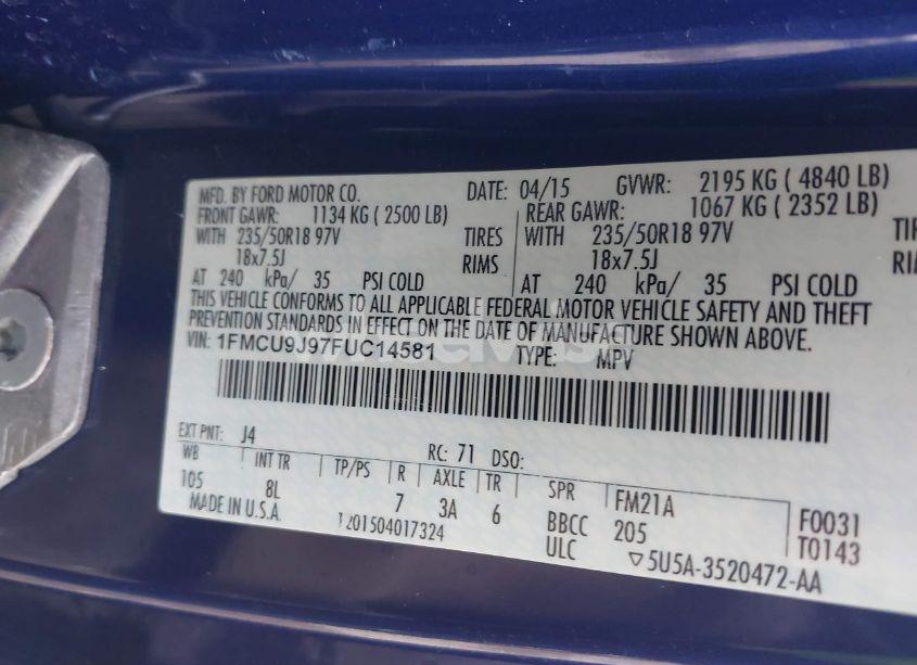 Photo 9 of 2015 Ford Escape TITANIUM (VIN 1FMCU9J97FUC14581)