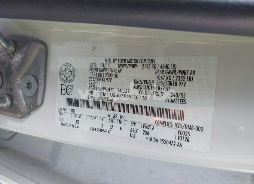 Photo 9 of 2015 Ford Escape TITANIUM (VIN 1FMCU9J97FUC16718)