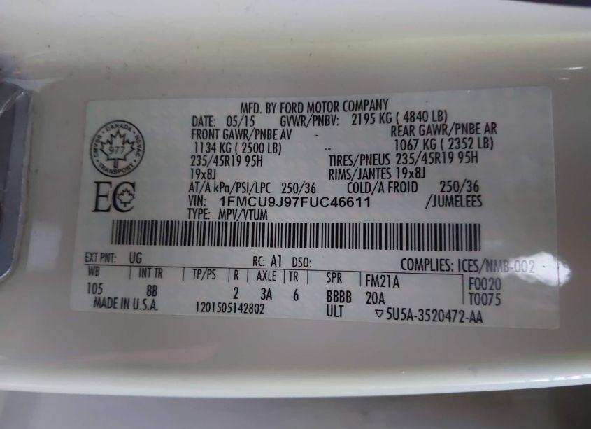 Photo 9 of 2015 Ford Escape TITANIUM (VIN 1FMCU9J97FUC46611)