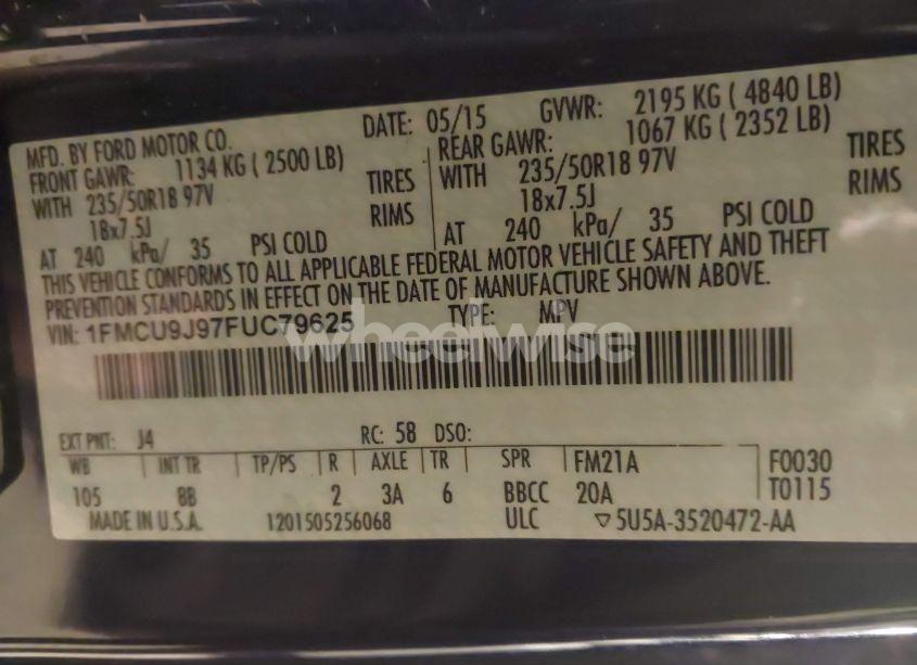 Photo 9 of 2015 Ford Escape TITANIUM (VIN 1FMCU9J97FUC79625)