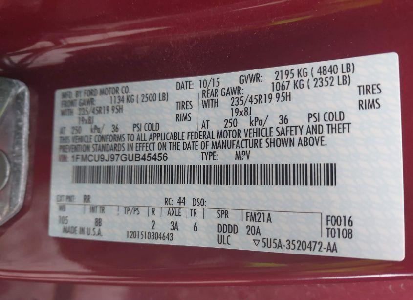 Photo 9 of 2016 Ford Escape TITANIUM (VIN 1FMCU9J97GUB45456)