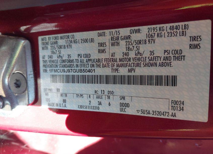 Photo 9 of 2016 Ford Escape TITANIUM (VIN 1FMCU9J97GUB50401)