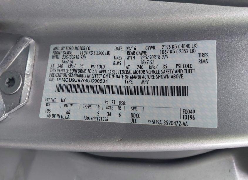 Photo 9 of 2016 Ford Escape TITANIUM (VIN 1FMCU9J97GUC90531)