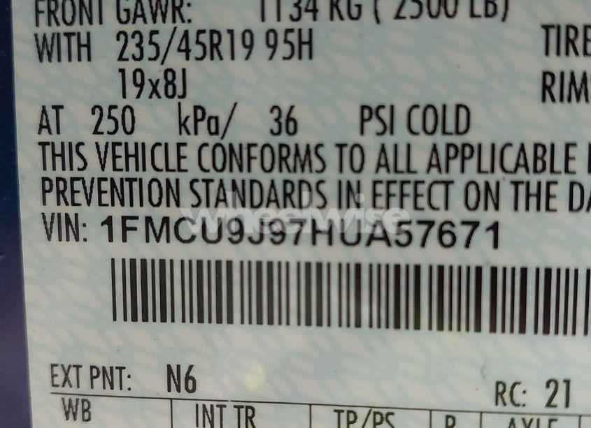 Photo 9 of 2017 Ford Escape TITANIUM (VIN 1FMCU9J97HUA57671)