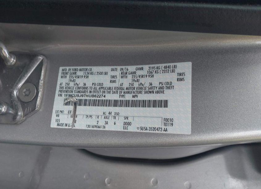 Photo 9 of 2017 Ford Escape TITANIUM (VIN 1FMCU9J97HUB62274)