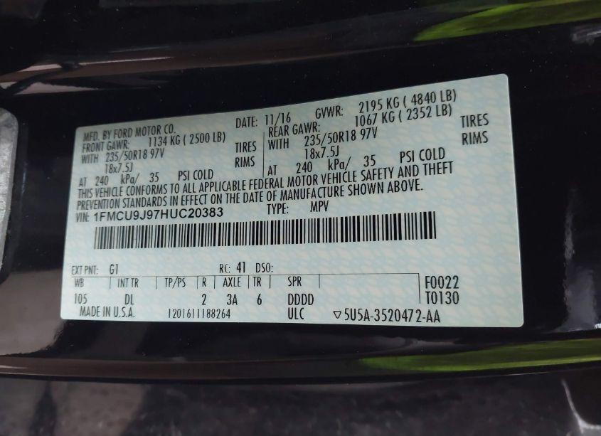 Photo 9 of 2017 Ford Escape TITANIUM (VIN 1FMCU9J97HUC20383)