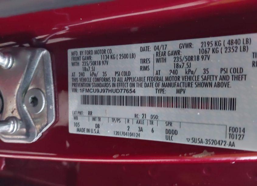 Photo 9 of 2017 Ford Escape TITANIUM (VIN 1FMCU9J97HUD77654)