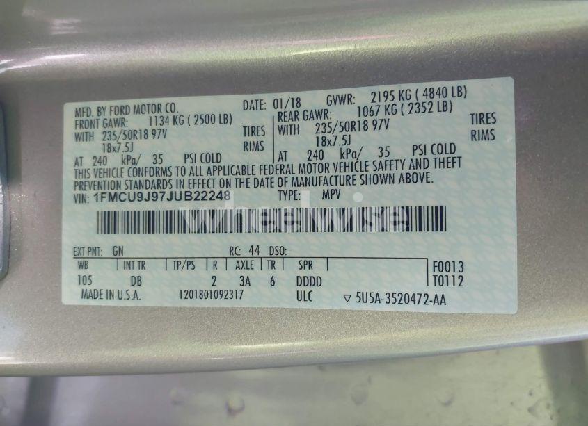 Photo 9 of 2018 Ford Escape TITANIUM (VIN 1FMCU9J97JUB22248)