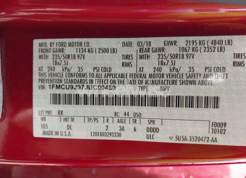 Photo 9 of 2018 Ford Escape TITANIUM (VIN 1FMCU9J97JUC00480)