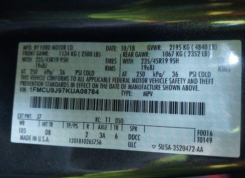 Photo 9 of 2019 Ford Escape TITANIUM (VIN 1FMCU9J97KUA08784)