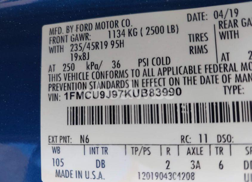 Photo 9 of 2019 Ford Escape TITANIUM (VIN 1FMCU9J97KUB83990)