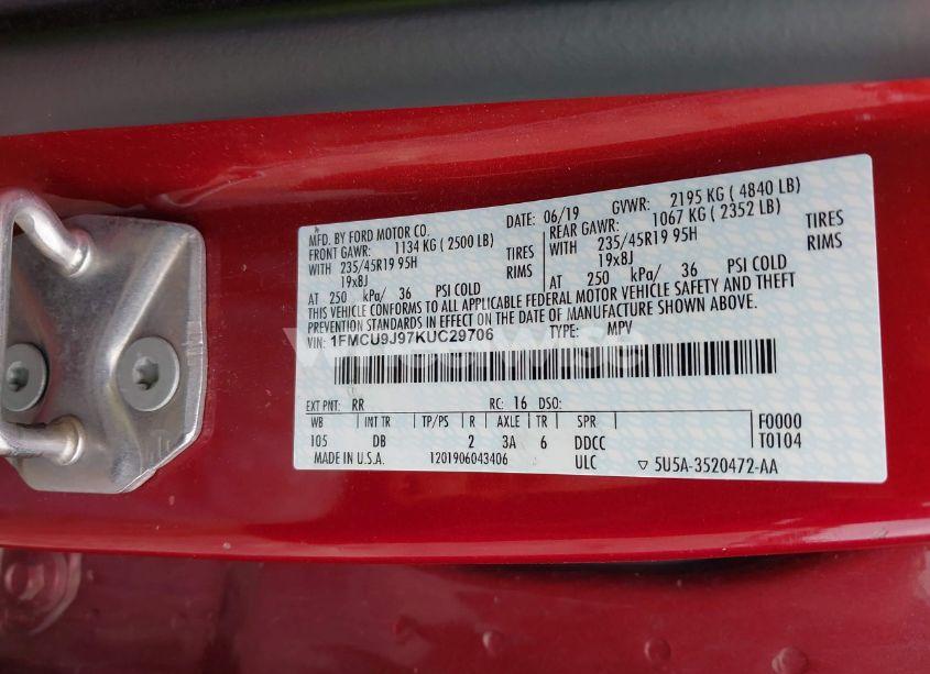 Photo 9 of 2019 Ford Escape TITANIUM (VIN 1FMCU9J97KUC29706)