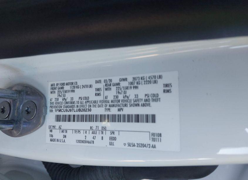 Photo 9 of 2020 Ford Escape TITANIUM (VIN 1FMCU9J97LUB20230)