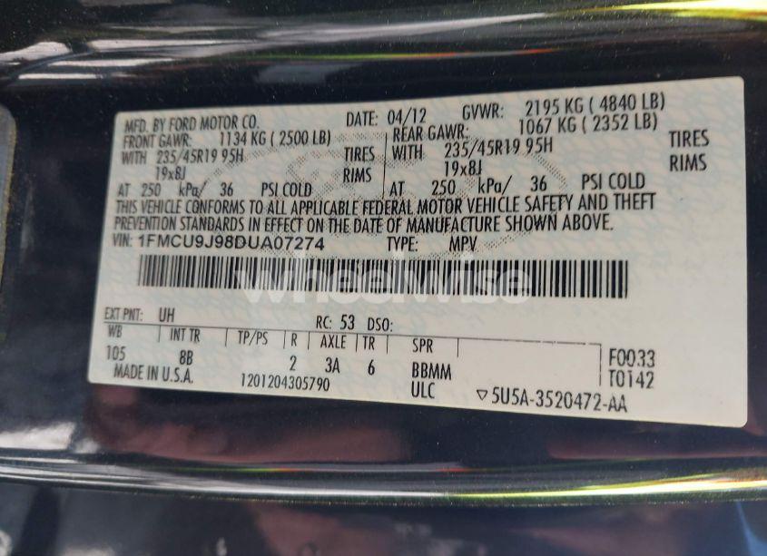 Photo 9 of 2013 Ford Escape TITANIUM (VIN 1FMCU9J98DUA07274)