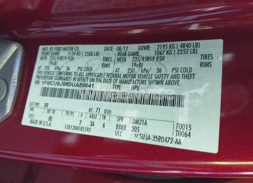 Photo 9 of 2013 Ford Escape TITANIUM (VIN 1FMCU9J98DUA86641)