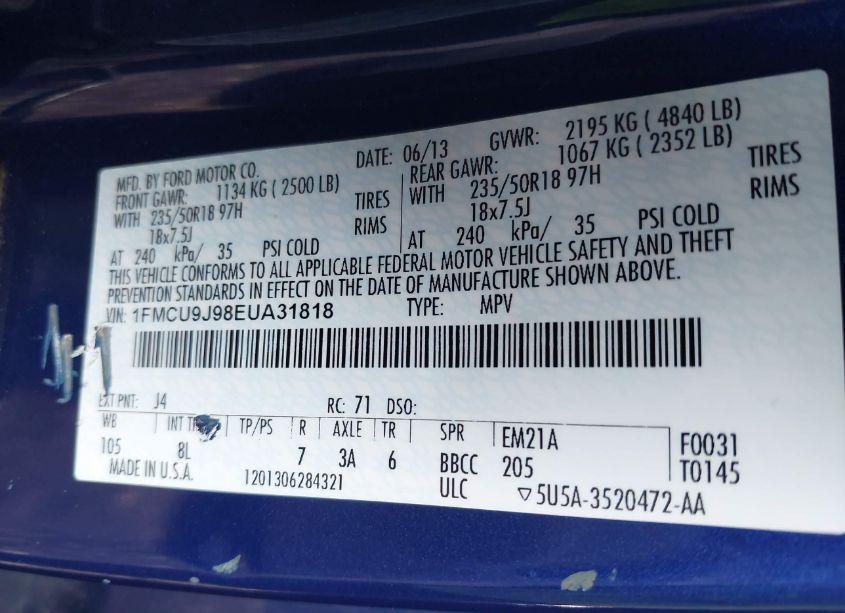 Photo 9 of 2014 Ford Escape TITANIUM (VIN 1FMCU9J98EUA31818)