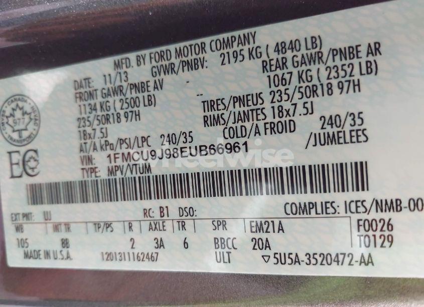 Photo 9 of 2014 Ford Escape TITANIUM (VIN 1FMCU9J98EUB66961)