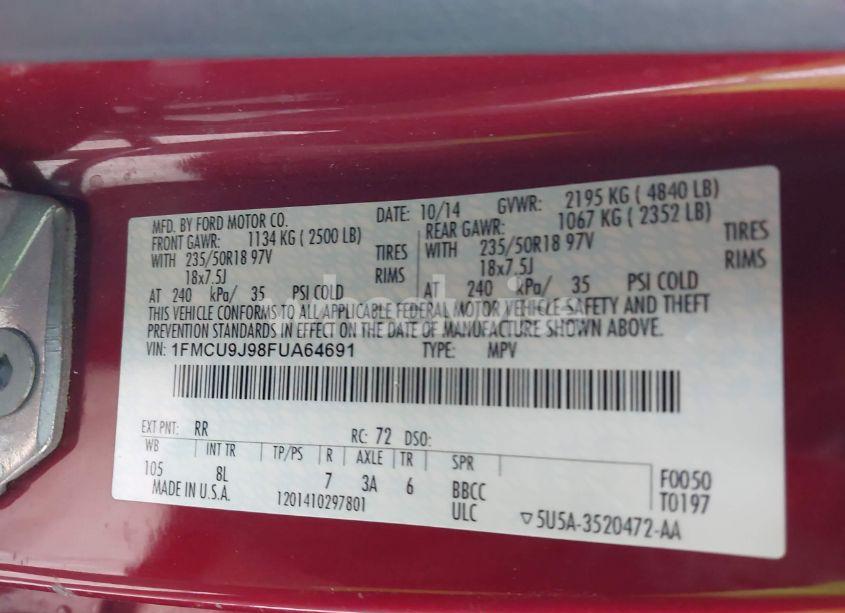 Photo 9 of 2015 Ford Escape TITANIUM (VIN 1FMCU9J98FUA64691)