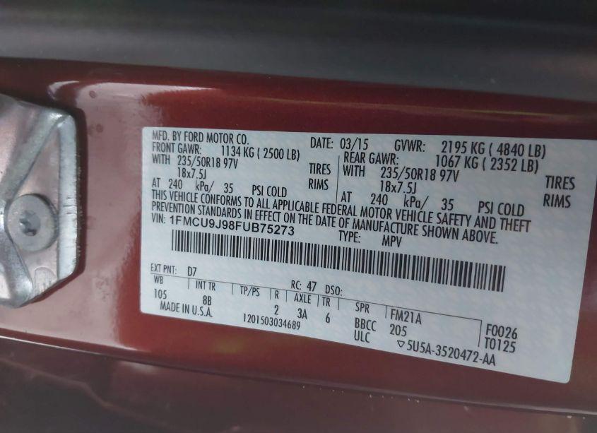 Photo 9 of 2015 Ford Escape TITANIUM (VIN 1FMCU9J98FUB75273)