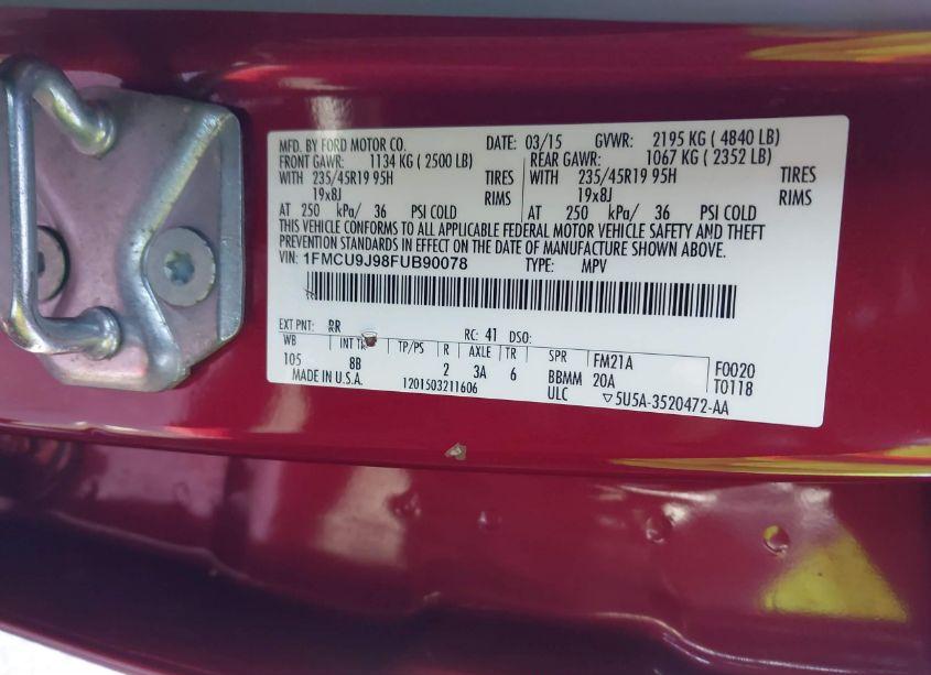 Photo 9 of 2015 Ford Escape TITANIUM (VIN 1FMCU9J98FUB90078)