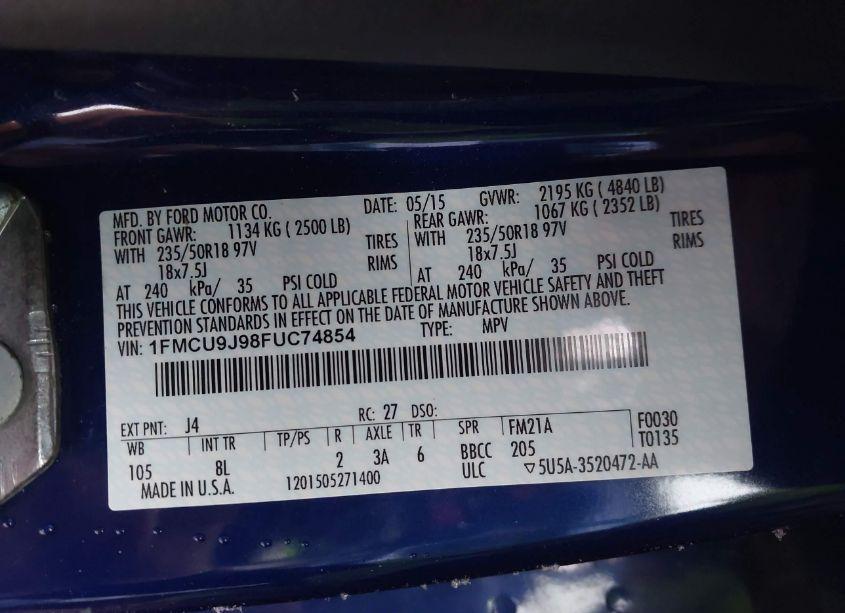 Photo 9 of 2015 Ford Escape TITANIUM (VIN 1FMCU9J98FUC74854)