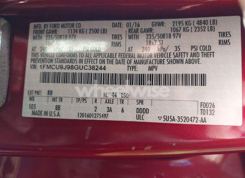 Photo 9 of 2016 Ford Escape TITANIUM (VIN 1FMCU9J98GUC38244)